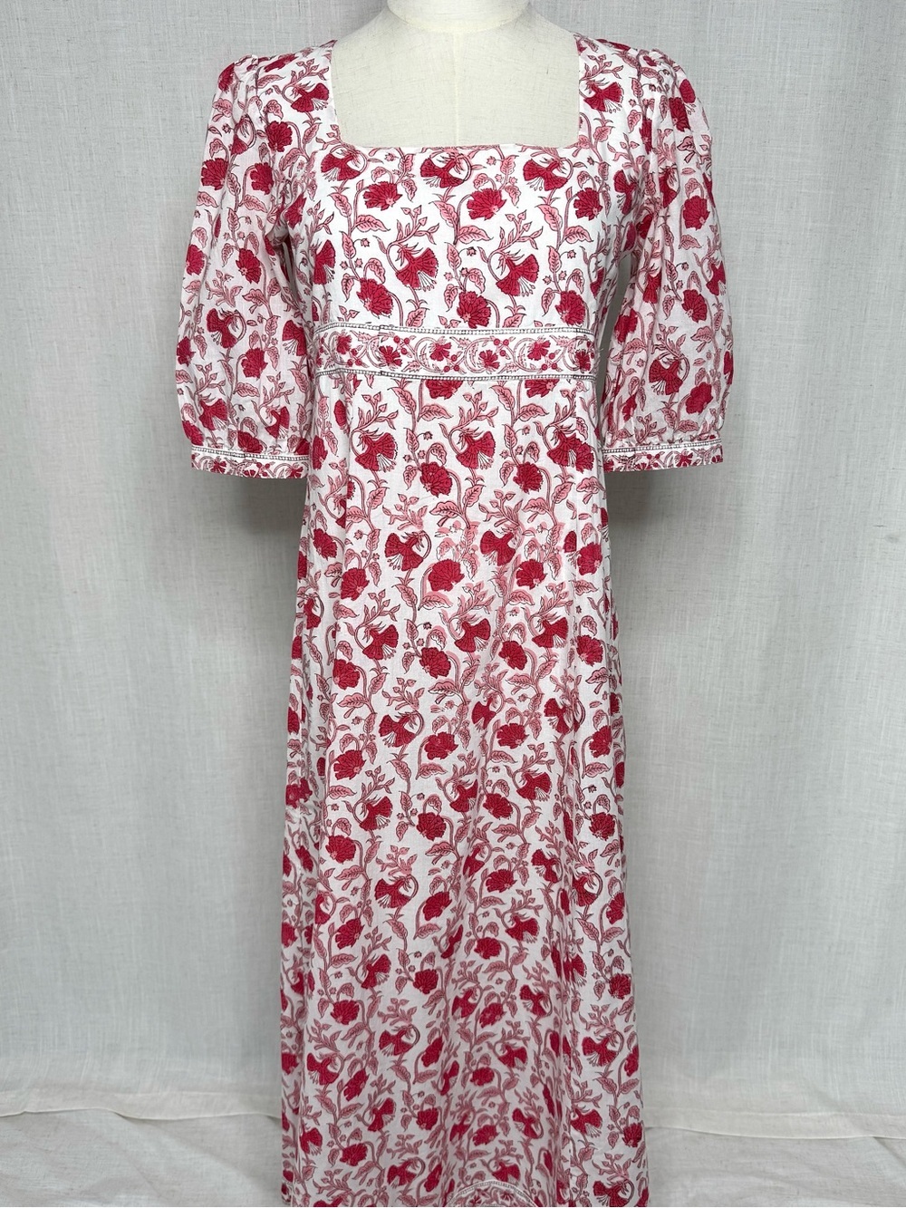 🌿Madison Mathews Floral Cotton Empire Waist Maxi Dress Puff Sleeve Red White XS